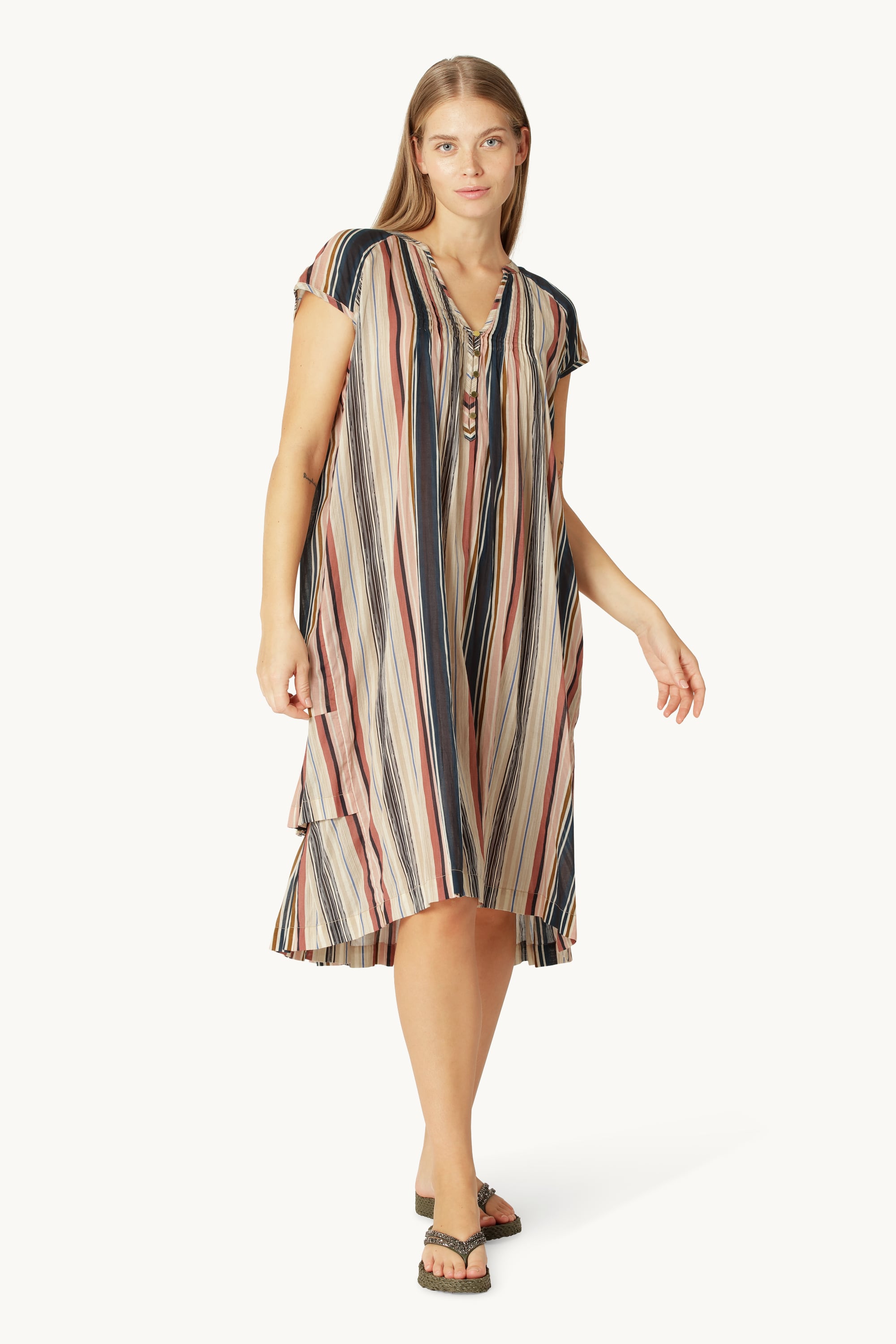 Lång Klänning med Korta Ärmar Pintuck - Beige Organic Stripe