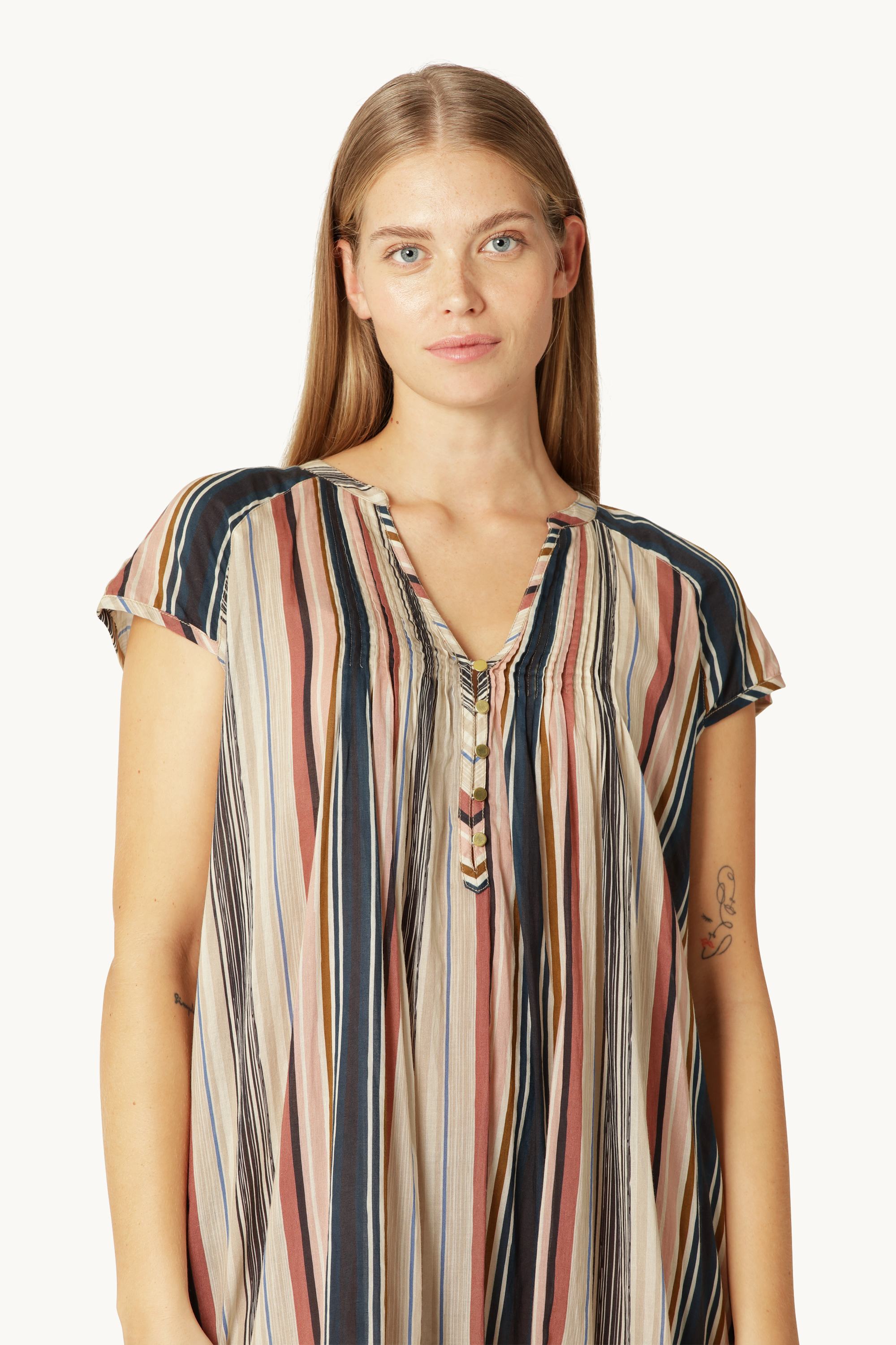 Lång Klänning med Korta Ärmar Pintuck - Beige Organic Stripe