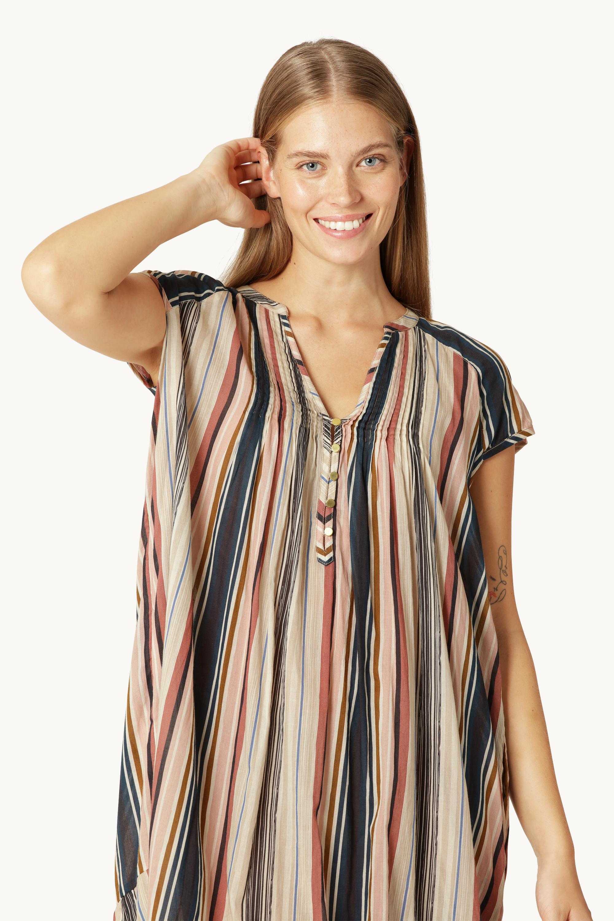 Lång Klänning med Korta Ärmar Pintuck - Beige Organic Stripe