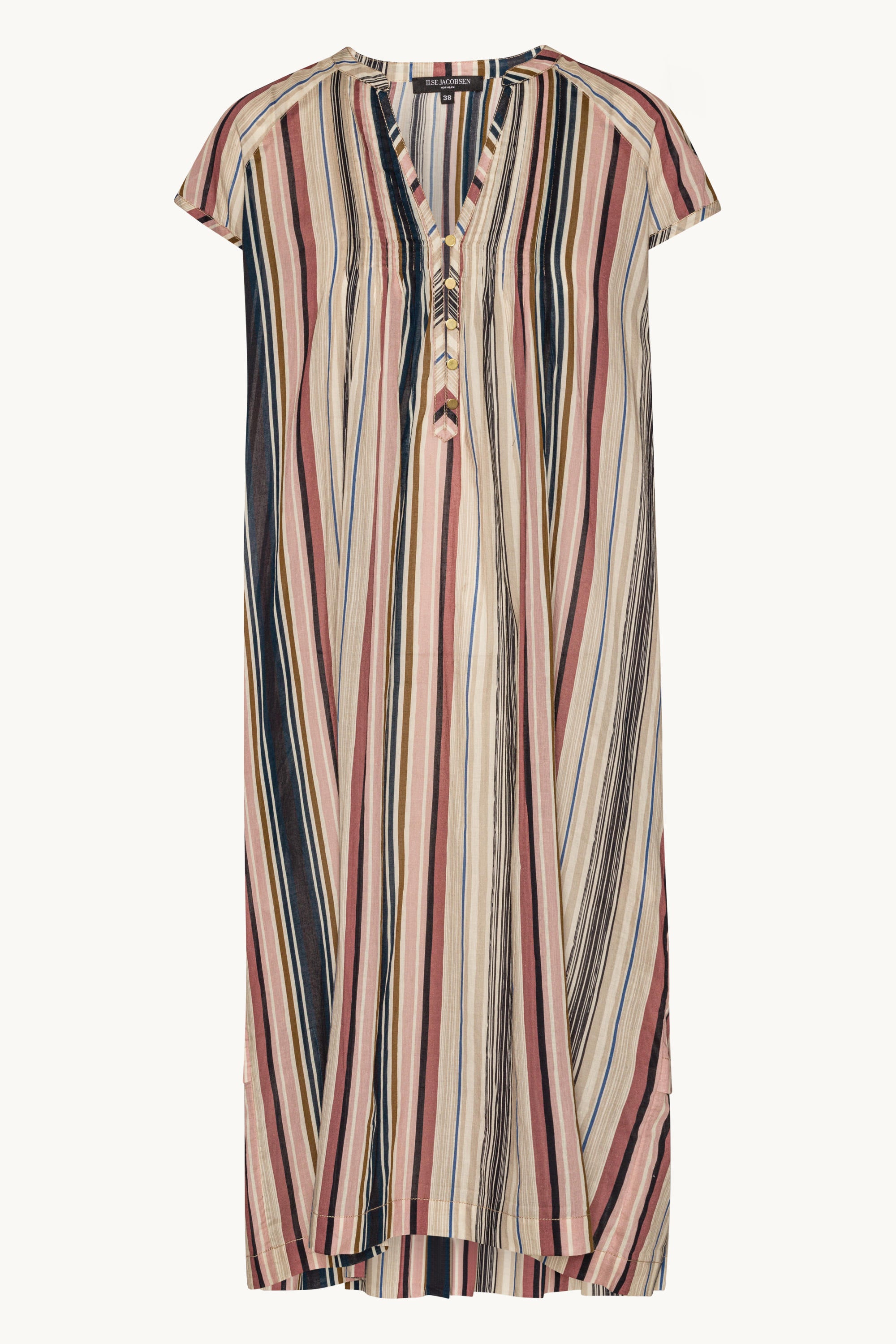 Lång Klänning med Korta Ärmar Pintuck - Beige Organic Stripe