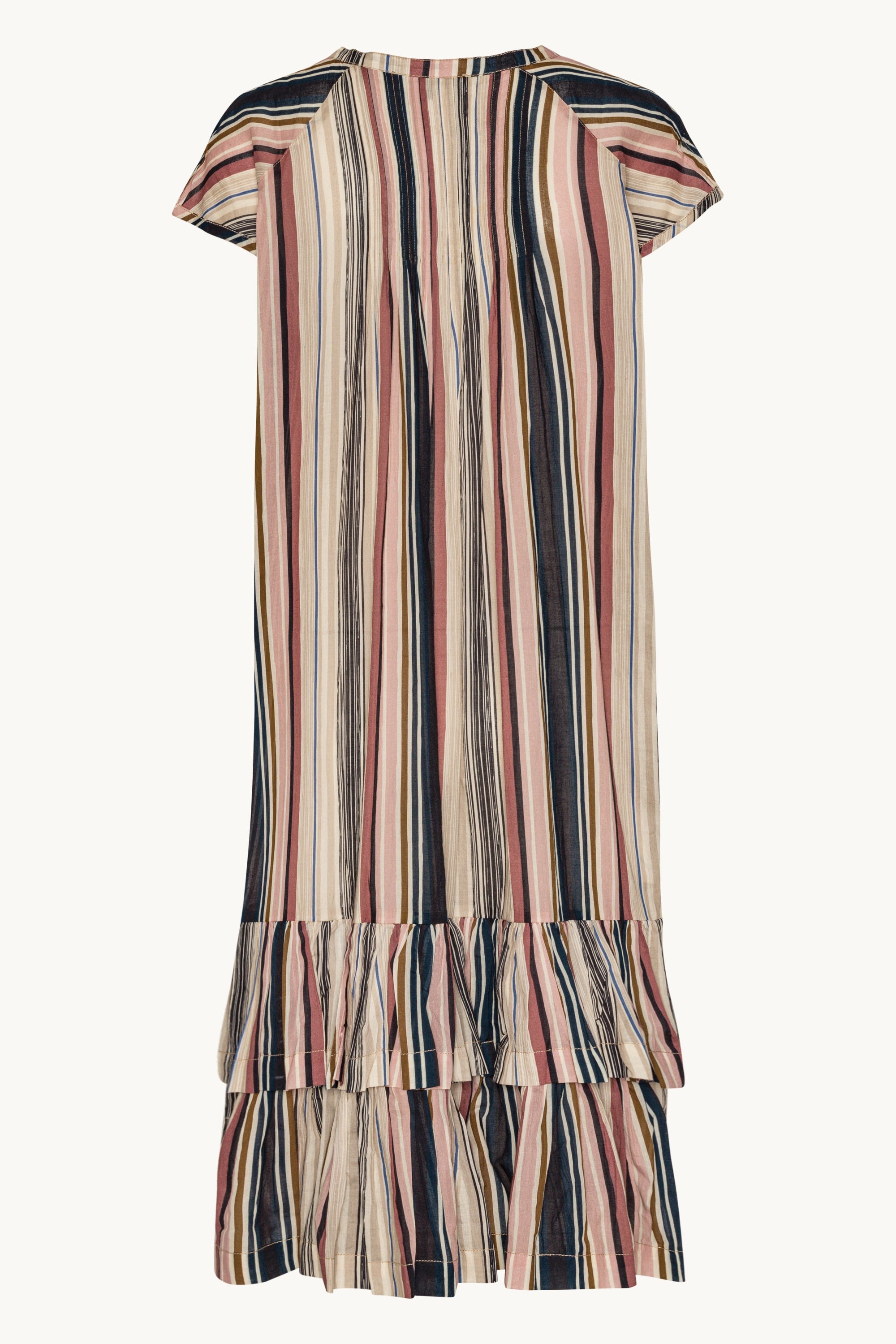 Lång Klänning med Korta Ärmar Pintuck - Beige Organic Stripe