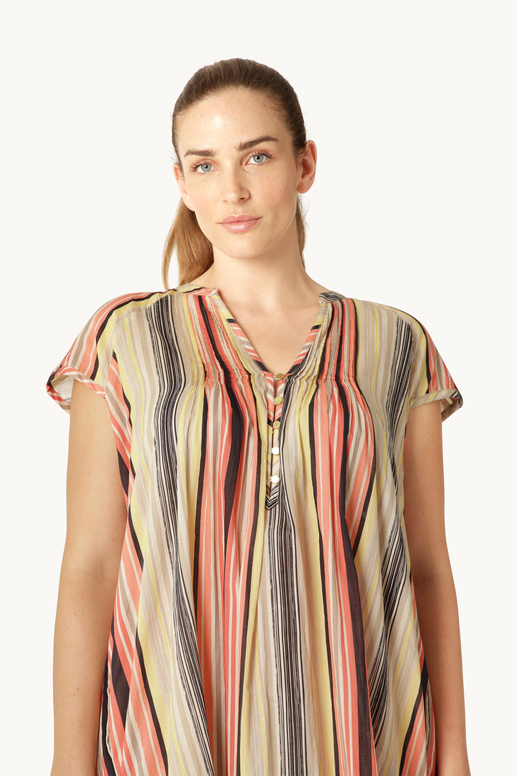 Lång Klänning med Korta Ärmar Pintuck - Red Organic Stripe