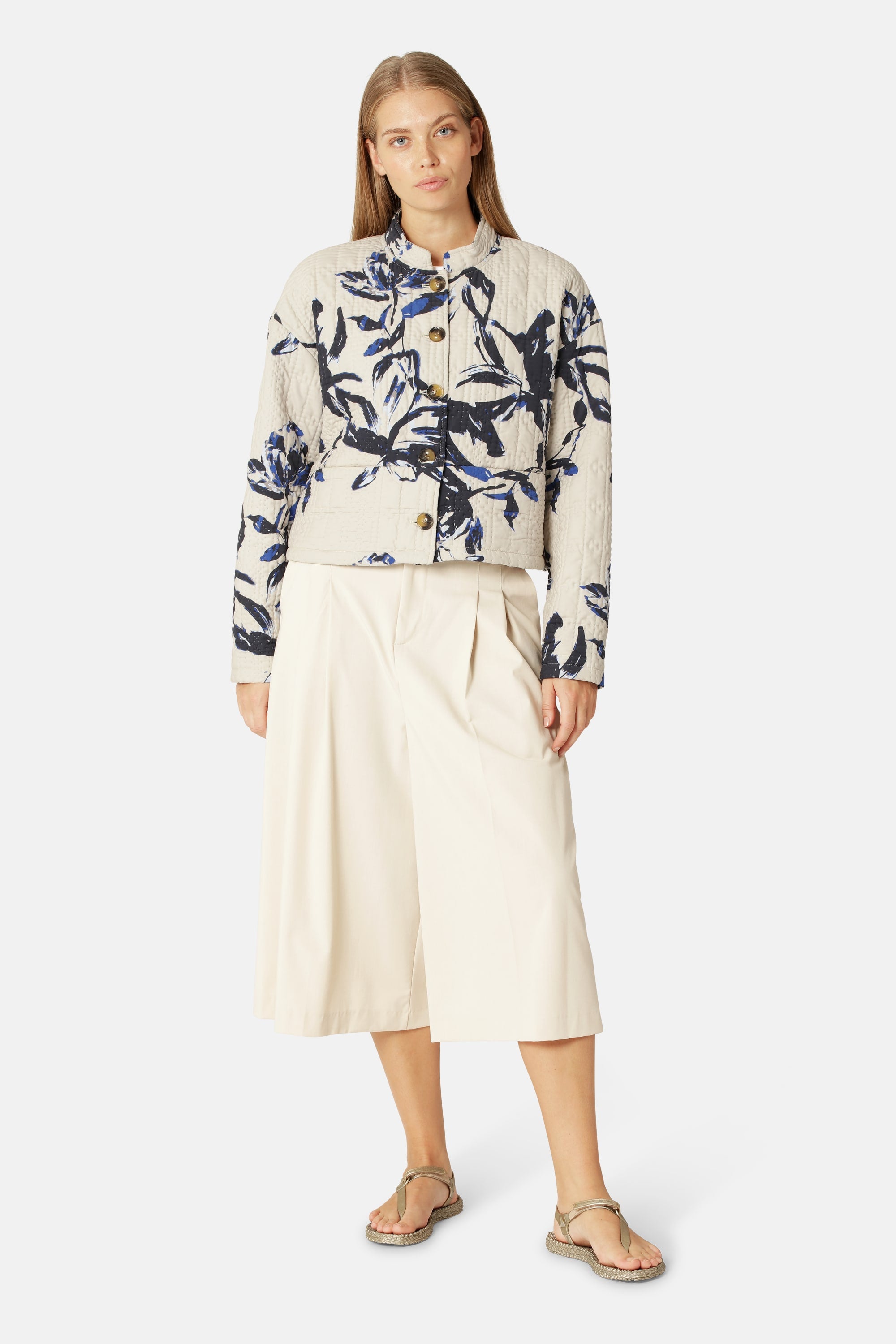 Kort Quiltad Jacka - Beige Artsy Stroke Flower