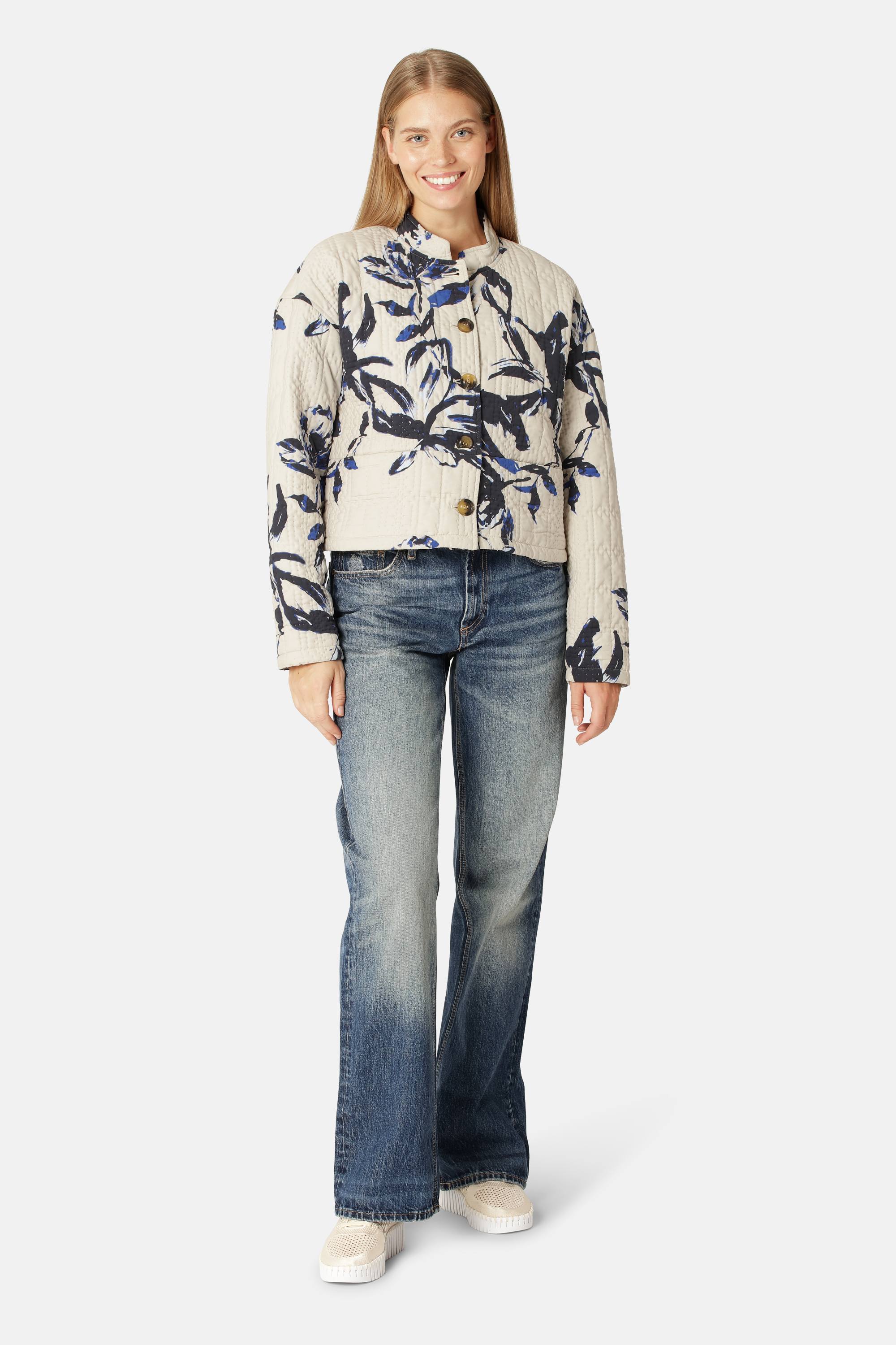 Kort Quiltad Jacka - Beige Artsy Stroke Flower