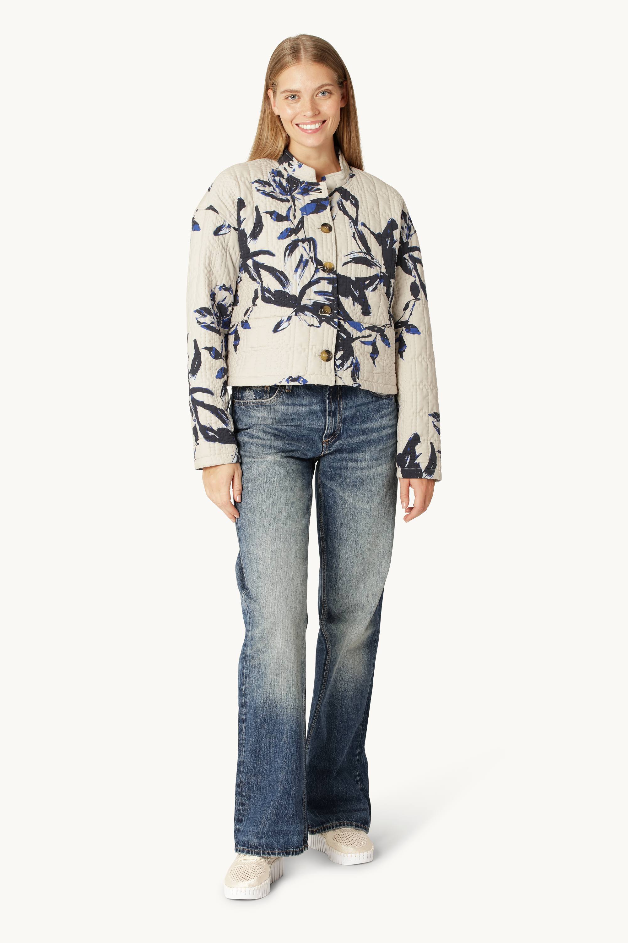 Kort Quiltad Jacka - Beige Artsy Stroke Flower