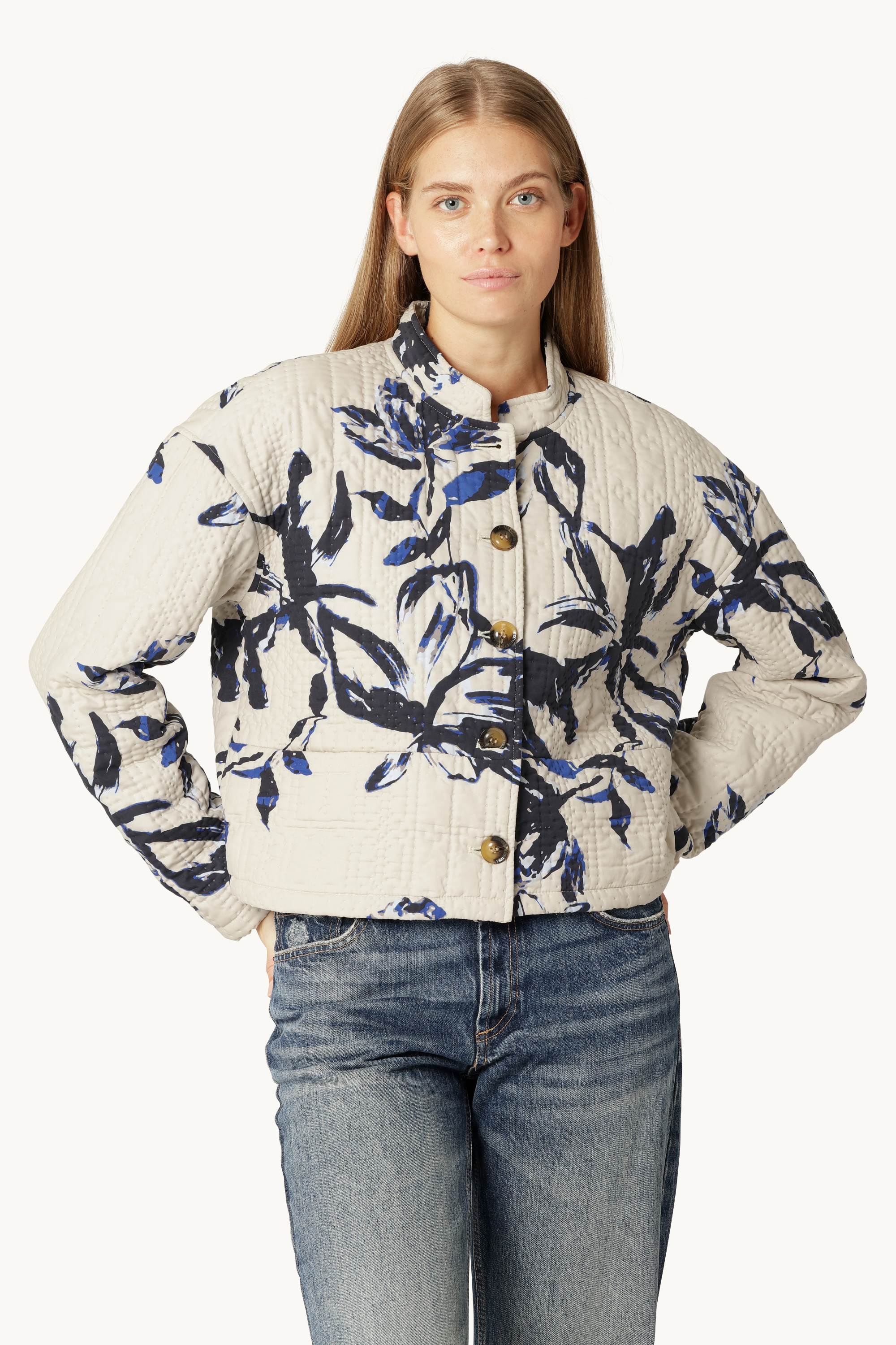Kort Quiltad Jacka - Beige Artsy Stroke Flower