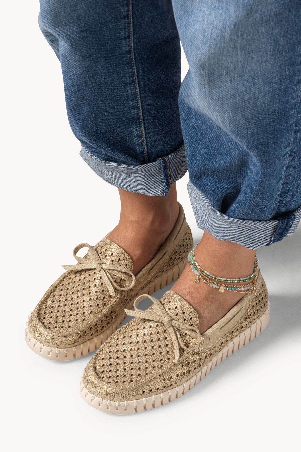 Glitter Boat Shoes on Flat Sole - Platin Pearled Ivory