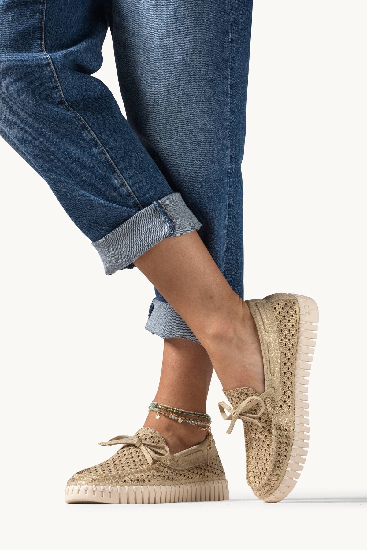 Glitter Boat Shoes on Flat Sole - Platin Pearled Ivory